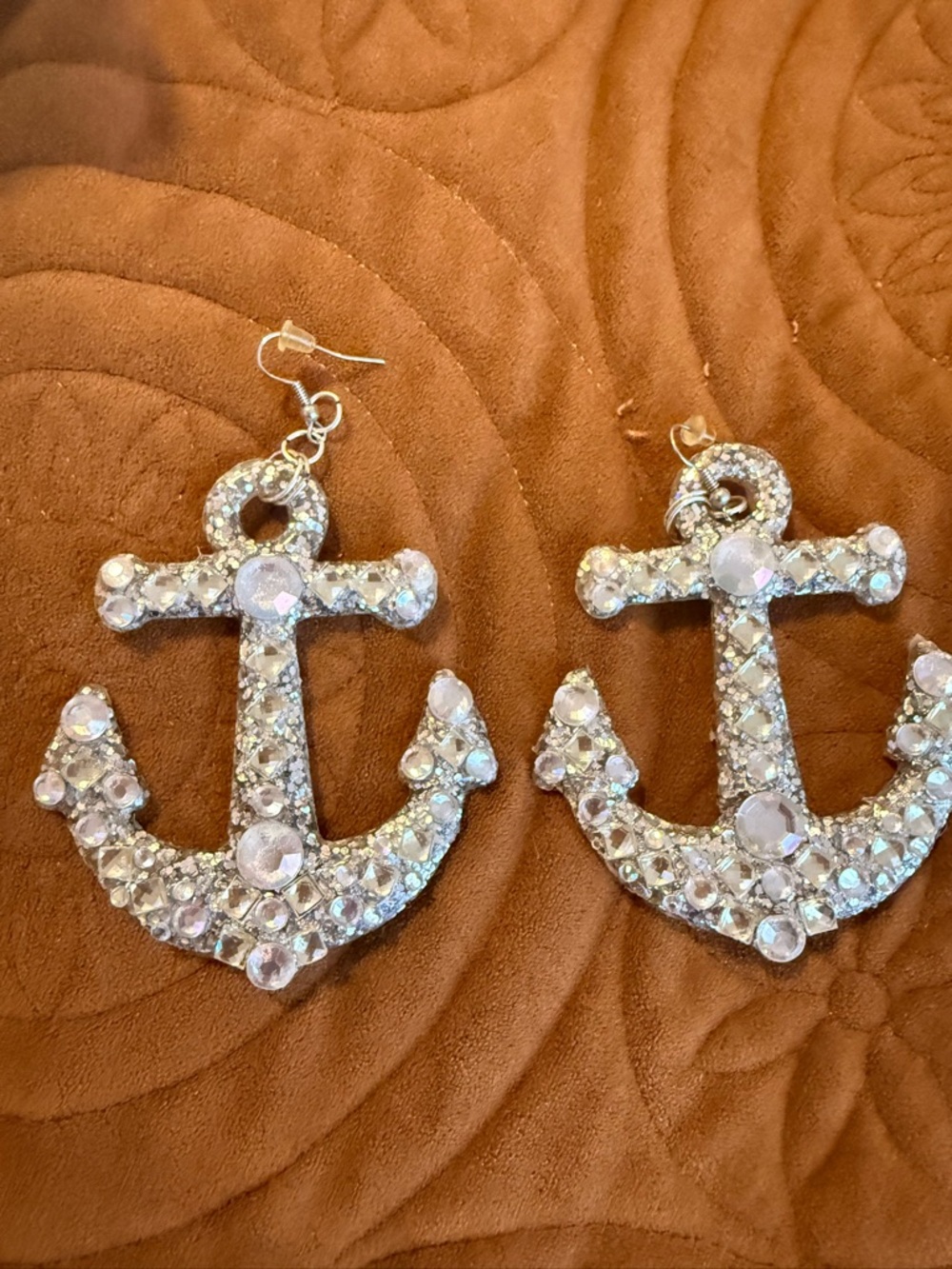 Handmade Sparkling Anchor Rhinestone Statement Earrings